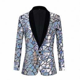 mens Laser Luxury Sequin Blazer Jacket Shawl Lapel One Butt Shiny Wedding Party Suit Dinner Tuxedo Nightclub Host Male Z3PW#