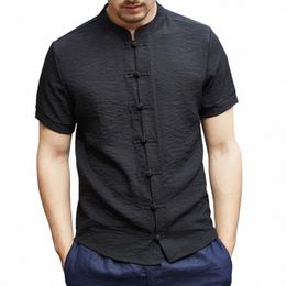 vintage Men Summer Shirt Stand Collar Short Sleeve Men Top Solid Colour Slim Fit Knot Butts Men Shirt Chinese Traditial Shirt u4OG#