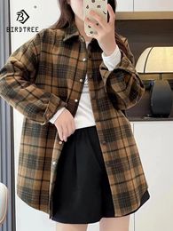 Women's Blouses Autumn Cotton Plaid Retro Shirt Women Lapel Thick Basic Tops Girl Long Sleeve Loose Mid Length Blouse Casual Winter T3D584QC