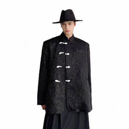 3d Jacquard Fabric Chinese Fi Vintage Stand Collar Blazer Men Loose Casual Streetwear Dark Black Niche Suit Jacket Man Coat V9ve#