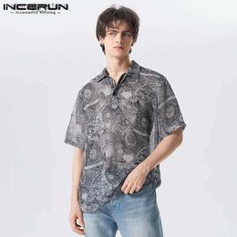 Men's T-Shirts 2023 Men Shirt Printing Chiffon Transparent Lapel Short Sleeve Summer Cozy Men Clothing Streetwear Loose Camisas S-5XL24328