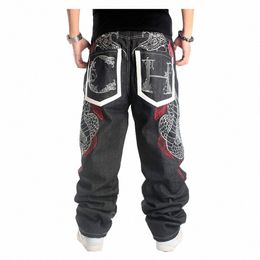 hip hop jeans streetwear Male plus size loose baggy denim pants Snake embroidery straight lg trousers for men c2nF#