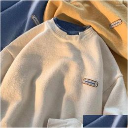 Mens Sweaters Knitted Sweater Men Fashion 2023 Autumn Winter Solid Fake Two-Piece Plovers Loose O-Neck Knitwear Male Casual Drop Deliv Otyec