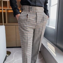 British Style Men High Waist Business Dress Pants Fashion Houndstooth Office Social Suit Pants Wedding Groom Casual Trousers Men 240308
