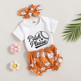 Clothing Sets Baby Girls 3Pcs Summer Outfits Short Sleeve Romper Baseball Print Shorts Headband Set