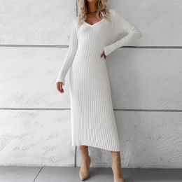 Casual Dresses Loose Fit Elegant Style V Neck Sweater Dress Spicy Girl Women Tunic Long Solid Color Sleeve Clubwear Clothing