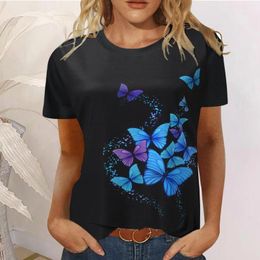 Women's T Shirts 2024 Summer Tops Tee Fashion Butterfly Print Women O Neck Retro Floral Short Sleeve Shirt Casual Streetwear