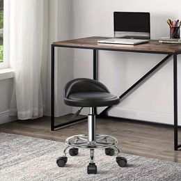 Black PU Leather Round Rolling Stool Foot Rest, Height Adjustable Swivel Drafting Work SPA Task Chair with Wheels