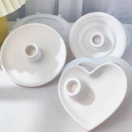 Baths Round Heart Shaped Candle Holder Silicone Moulds Diy Cement Candlesticks Resin Mould Plaster Candle Base Tray Mould Home Decor