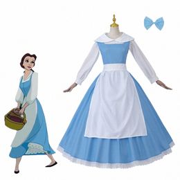 anime Cosplay Princ Costume Belle Blue Maid Dr for Adult Women Village Party Outfits Halen Carnival Ball Gown with Bow Z6zW#