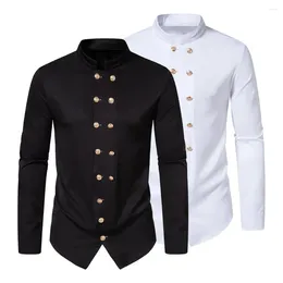 Men's Casual Shirts Men Vintage Shirt Elegant Double-breasted With Stand Collar Slim Fit Formal Top In Solid Color Retro Royal For