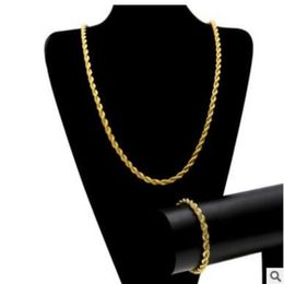 Men Hip Hop 6 5mm Hemp Chain HIPHOP ROPE CHAIN 14K Gold Silver Plated Bracelet Necklace Set268S