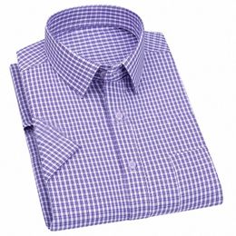 men's Busin Casual Short Sleeved Shirt Classic Striped Plaid Checked Male Social Dr Shirts Purple Blue 6XL Plus Large Size 63fY#