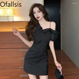 Party Dresses Ofallsis Black Puff Sleeves Thin Waist Wrapped Dress 2024 Summer Hanging Strap Off Shoulder High Quality Sexy