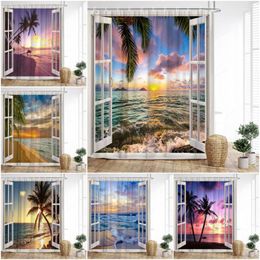 Shower Curtains Ocean View Curtain Beachfront Window Beach Nature Landscape Palm Tree Sunset Waves Print Bathroom Decoration