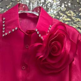 Women's Blouses Diamonds 3D Flowers Stitch Camisas 2024 Summer Short Sleeve Shirts And For Women Sexy See- Through Tops Blusas