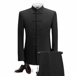 2 Pieces Men's Zhgshan Collar Chinese Tunic Suit Formal Suits Single Breasted Groomsmen Wedding Tailored Fit Blazer+Pants D2G1#