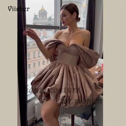 Party Dresses Viisher Brown Short Prom For Teens Draped Satin Off Shoulder Formal Dress A Line Mini Evening Gowns