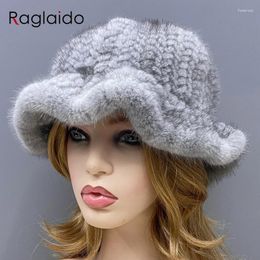 Berets Women Winter Hat Natural Knitted Fedora Hats Female Warm Stylish Bucket