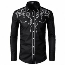 stylish Western Cowboy Shirt Men Brand Design Embroidery Slim Fit Casual Lg Sleeve Shirts Mens Wedding Party Shirt for Male P5M6#