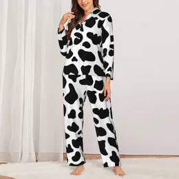 Home Clothing Cow Print Pajama Set Autumn Farm Animal Cute Sleepwear Women 2 Pieces Retro Oversized Pattern Nightwear Birthday Present