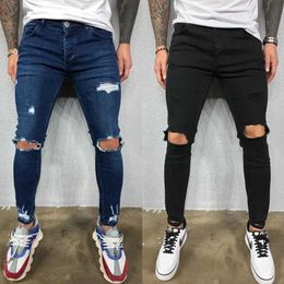 Men's Jeans Mens jeans knee holes tear stretch tight denim pants solid color black blue autumn summer hip-hop style ultra-thin fit Trousers S-4XL J240328