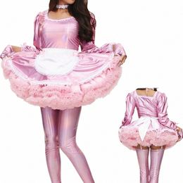 sissy Lolita Sweet Classic Lolita Dr Fancy Apr Maid Dr Laser Puff Lg Sleeve Shiny Costume With Gloves and Neckwear 7XL g2Jw#