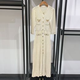 French dress trend 24 single breasted round neck with scaly texture hollowed out beige knitted long dress