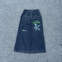 Kvinnors jeans jnco baggy y2k vintage kläder hög midja broderat mönster goth streetwear harajuku hip hop wide ben