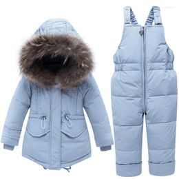 Down Coat Children Winter Clothing Sets 2024 Real Fur Collar Kids Jacket Baby Girls Warm Overalls Toddler Boys