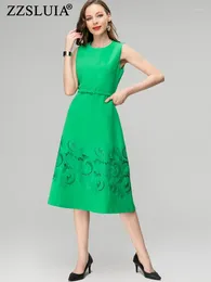 Casual Dresses ZZSLUIA Elegant For Women Heavy Embroidery Hollow Out Designer Slim Midi Dress Fashion Sleeveless Vintage Female
