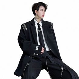 men Niche Pin Metal Buckle Streetwear Fi Hip Hop Loose Casual Suit Blazer Jacket Shoulder Pad Korean Trend Blazer Coat Man C8Yo#