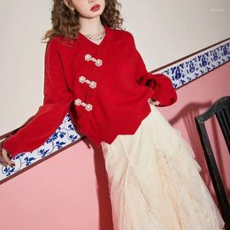 Ethnic Clothing 2024 Chinese Style Buckle Red Sweater Knit Women's Festive Year V Neck Versatile Long Sleeves Cheongsam Top