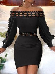 Casual Dresses Women's Autumn Long Sleeved Wrap Hip Black Lace Patchwork Hollow Party Dress Fashion Slash Nneck High Waist Tight