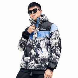 mens Winter Down Jacket Outdoor Print Men Casual Fi Windproof Thick Warm Hooded White Duck Down Coat 06Vs#