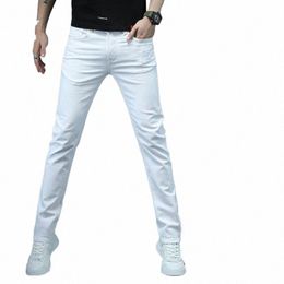 oussyu Brand Clothing White Skinny Jeans Men Cott Blue Slim Streetwear Classic Solid Color Denim Trousers Male New 28-38 b643#