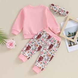 Clothing Sets Infant Toddler Baby Girls Long Sleeve Shirts Letter Sweatshirts Floral Cow Trousers Headband Fall Winter Outfits