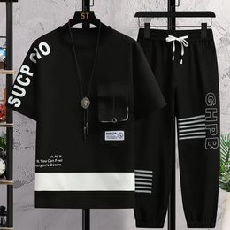 Summer Mens Sets Casual Short Sleeve T-Shirts And Full-Length Pants 2 Pcs Suits Outwear Youth Loose Tracksuit Clothing 240325