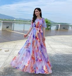 Plus Size Bohemian Beach Sundress Flying Clothing Chiffon Loose Elegant Vestido Robes Lady Holidays Prom Long Dress Belt Which 240321