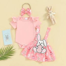 Clothing Sets 0-18months Baby Girls Easter Outfits Rompers Embroidery Suspender Overalls Headband Infant 3pcs Clothes Set