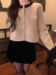 Work Dresses Temperament Sweet Contrast Color Sweater Cardigan Velvet A-line Skirt Two-piece Set Women Gentle Single Breasted Celebrity Suit