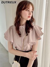 Women's Blouses Summer Elegant Tops 2024 Japanese Style Sweet Solid Colour Blouse Pearl Button Ruffled Stand Collar Short Sleeve Shirt