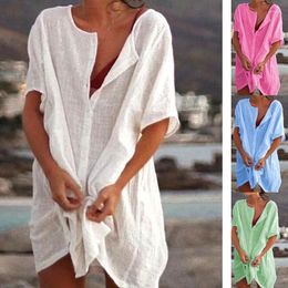 Women's Blouses Medium Long Short-sleeved Shirt Summer Thin Solid Color Loose Button Bikini Beach Cover Up Dress Beachwear