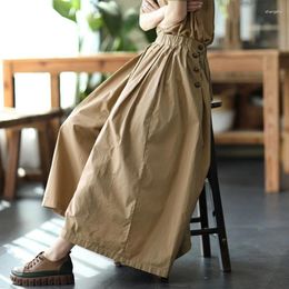 Women's Pants 2024 Summer Arts Style Women Elastic Waist Ankle-length Loose All-matched Casual Solid Cotton Wide Leg C231