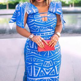 Work Dress for Women Office Elegant Blue Printed V Neck Bow Sleeve Package Hips Back Split Mid Calf Professional African Dress 240312