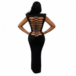 Cutenova Women Black Noble Maxi Dr Stand Neck Sreevel Shourdel Pad Lg Dr Backl Hollow Out Sexy Evening Gown J450＃