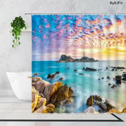 Shower Curtains Dusk Ocean Landscape Island Lighthouse Reef Nature Scenery Bath Curtain Fabric Home Wall Hanging Bathroom Decor