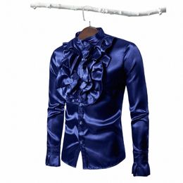 soft Cosy Men Top Vintage Men's Formal Ruffle Shirt with Stand Collar Butt Closure for Stage Performance Costume Solid Colour Z2Fy#