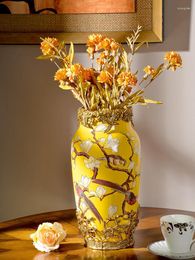 Vases Yellow Ceramic With Copper Living Room Porch Creative Vase Decoration Luxury Villa Club Flower