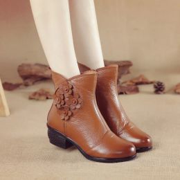 Boots 2023 Autumn Winter Women Genuine leather Ankle Boots Thick Bottom Plush Warm Snow Boots Female Flat Plus Size Cotton Shoes